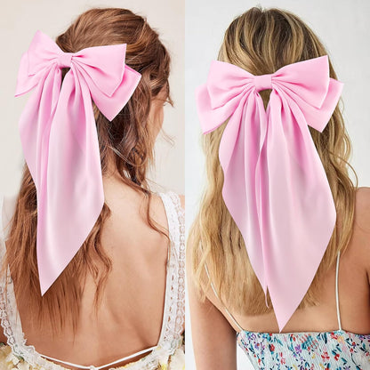 Hair Bows for Women Girls 4Pcs Pink Silky Hair Bow Satin Large Coquette Bow Long Tail Big Hair Bows Clip Oversized Hair Ribbons Bow Hair Barrettes Christmas Valentines Day Hair Accessories
