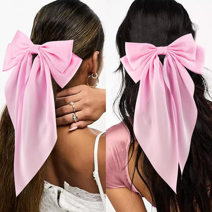 Hair Bows for Women Girls 4Pcs Pink Silky Hair Bow Satin Large Coquette Bow Long Tail Big Hair Bows Clip Oversized Hair Ribbons Bow Hair Barrettes Christmas Valentines Day Hair Accessories