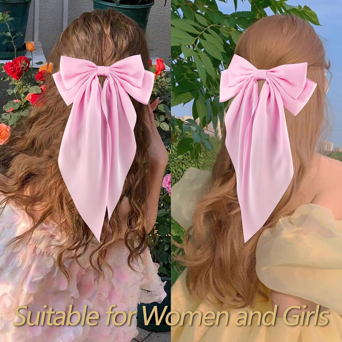 Hair Bows for Women Girls 4Pcs Pink Silky Hair Bow Satin Large Coquette Bow Long Tail Big Hair Bows Clip Oversized Hair Ribbons Bow Hair Barrettes Christmas Valentines Day Hair Accessories