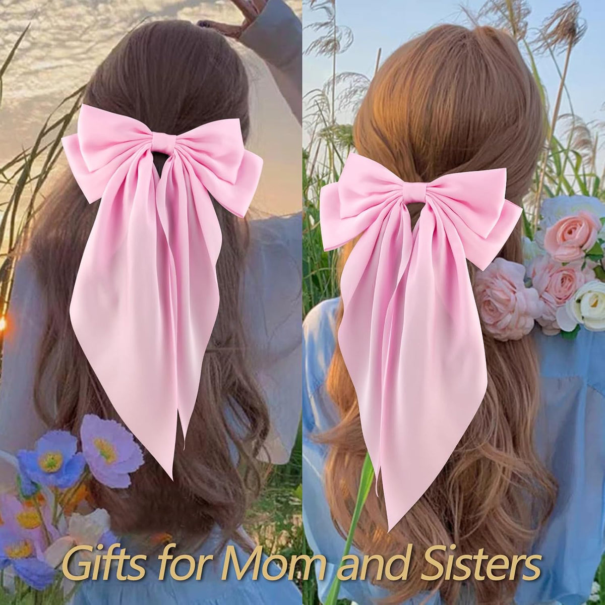 Hair Bows for Women Girls 4Pcs Pink Silky Hair Bow Satin Large Coquette Bow Long Tail Big Hair Bows Clip Oversized Hair Ribbons Bow Hair Barrettes Christmas Valentines Day Hair Accessories