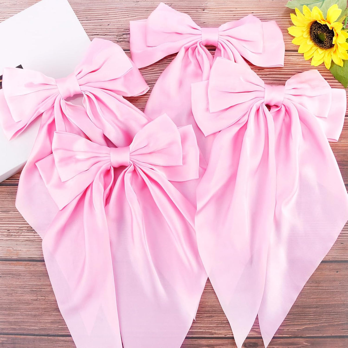 Hair Bows for Women Girls 4Pcs Pink Silky Hair Bow Satin Large Coquette Bow Long Tail Big Hair Bows Clip Oversized Hair Ribbons Bow Hair Barrettes Christmas Valentines Day Hair Accessories
