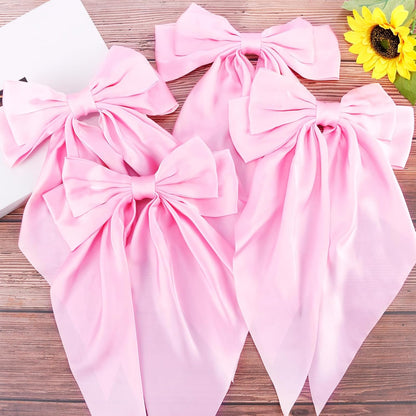 Hair Bows for Women Girls 4Pcs Pink Silky Hair Bow Satin Large Coquette Bow Long Tail Big Hair Bows Clip Oversized Hair Ribbons Bow Hair Barrettes Christmas Valentines Day Hair Accessories