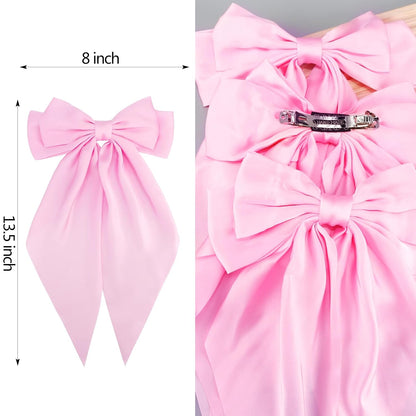 Hair Bows for Women Girls 4Pcs Pink Silky Hair Bow Satin Large Coquette Bow Long Tail Big Hair Bows Clip Oversized Hair Ribbons Bow Hair Barrettes Christmas Valentines Day Hair Accessories