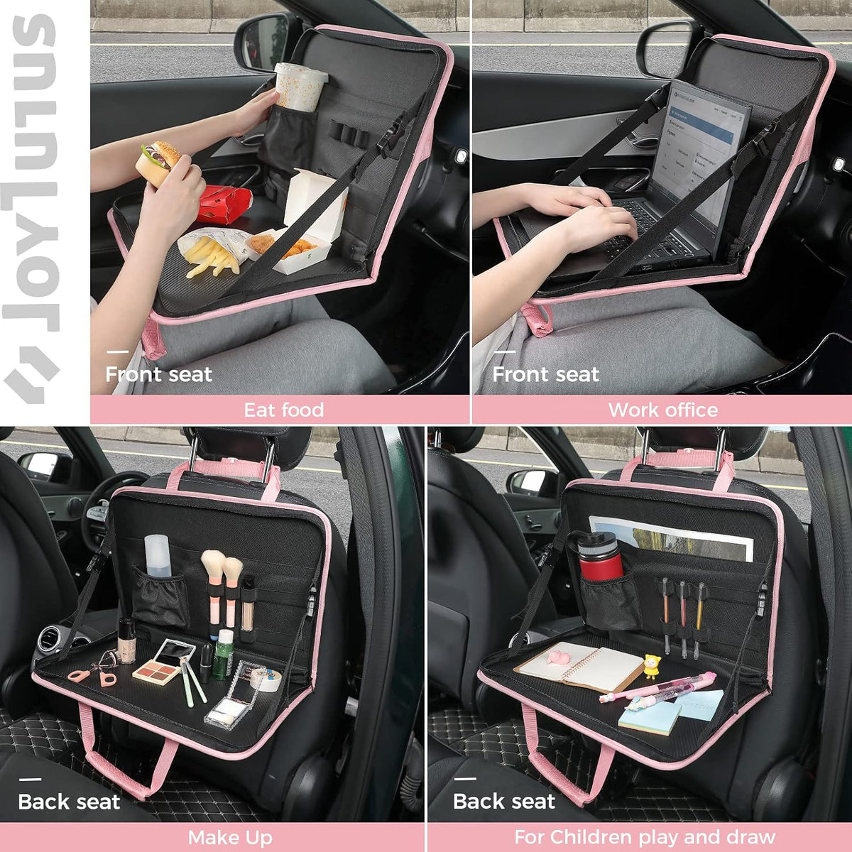 3 in 1 Steering Wheel Eating Tray (Pink), Car Back Seat Laptop Desk, Multifunctional Office Bag Car Work Table for Writing, Car Organizer for Kids, Commuters, Family
