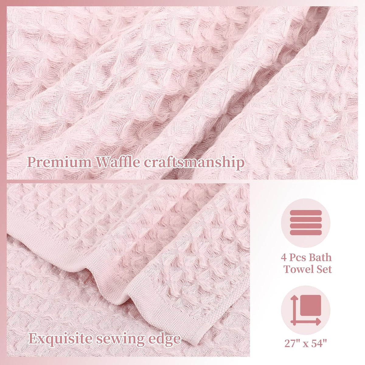 4 Piece 100% Cotton Waffle Bath Towel, Light Pink 27 x 54 inch