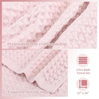 4 Piece 100% Cotton Waffle Bath Towel, Light Pink 27 x 54 inch