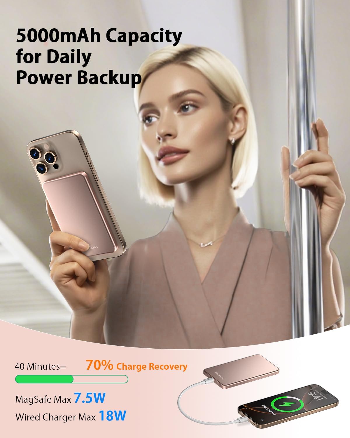 [0.3" Ultra Slim] [Alloy-Made] for Magsafe Portable Charger for iPhone, 2026 Upgrade 5000mAh Fast Charging Magnetic Power Bank, Wireless Battery Pack for iPhone 17 Air 16 15 Pro Max 14 13, Pink