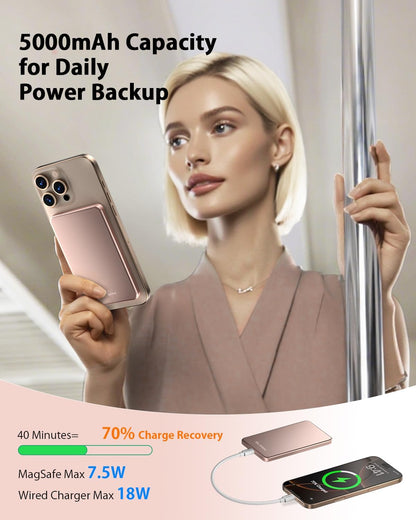 [0.3" Ultra Slim] [Alloy-Made] for Magsafe Portable Charger for iPhone, 2026 Upgrade 5000mAh Fast Charging Magnetic Power Bank, Wireless Battery Pack for iPhone 17 Air 16 15 Pro Max 14 13, Pink