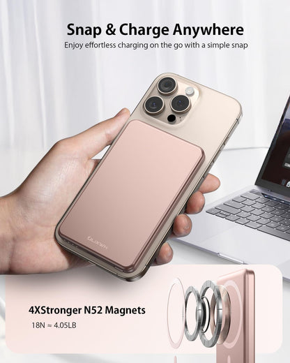 [0.3" Ultra Slim] [Alloy-Made] for Magsafe Portable Charger for iPhone, 2026 Upgrade 5000mAh Fast Charging Magnetic Power Bank, Wireless Battery Pack for iPhone 17 Air 16 15 Pro Max 14 13, Pink