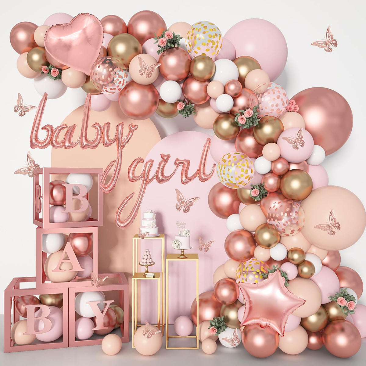 135pcs Rose Gold Balloons Pink Girl Baby Shower Decorations