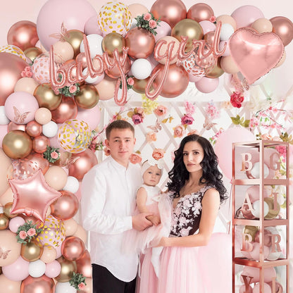 135pcs Rose Gold Balloons Pink Girl Baby Shower Decorations