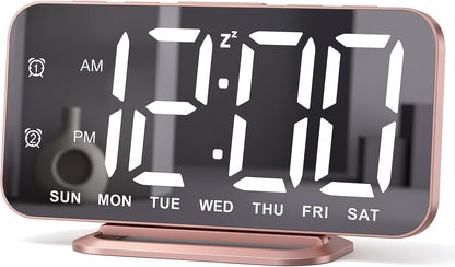 Slim LED Digital Alarm Clock, Mirror Surface for Makeup, with Diming, Large Display, Easy Setting, USB Ports, Modern Decor for Bedroom, Desk, Christmas, Birthday Idea Gift for Women, Sister, Mom, Pink