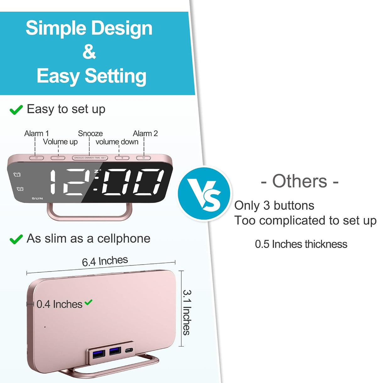 Slim LED Digital Alarm Clock, Mirror Surface for Makeup, with Diming, Large Display, Easy Setting, USB Ports, Modern Decor for Bedroom, Desk, Christmas, Birthday Idea Gift for Women, Sister, Mom, Pink