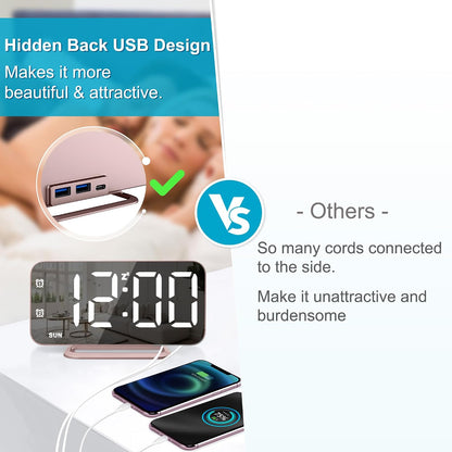 Slim LED Digital Alarm Clock, Mirror Surface for Makeup, with Diming, Large Display, Easy Setting, USB Ports, Modern Decor for Bedroom, Desk, Christmas, Birthday Idea Gift for Women, Sister, Mom, Pink