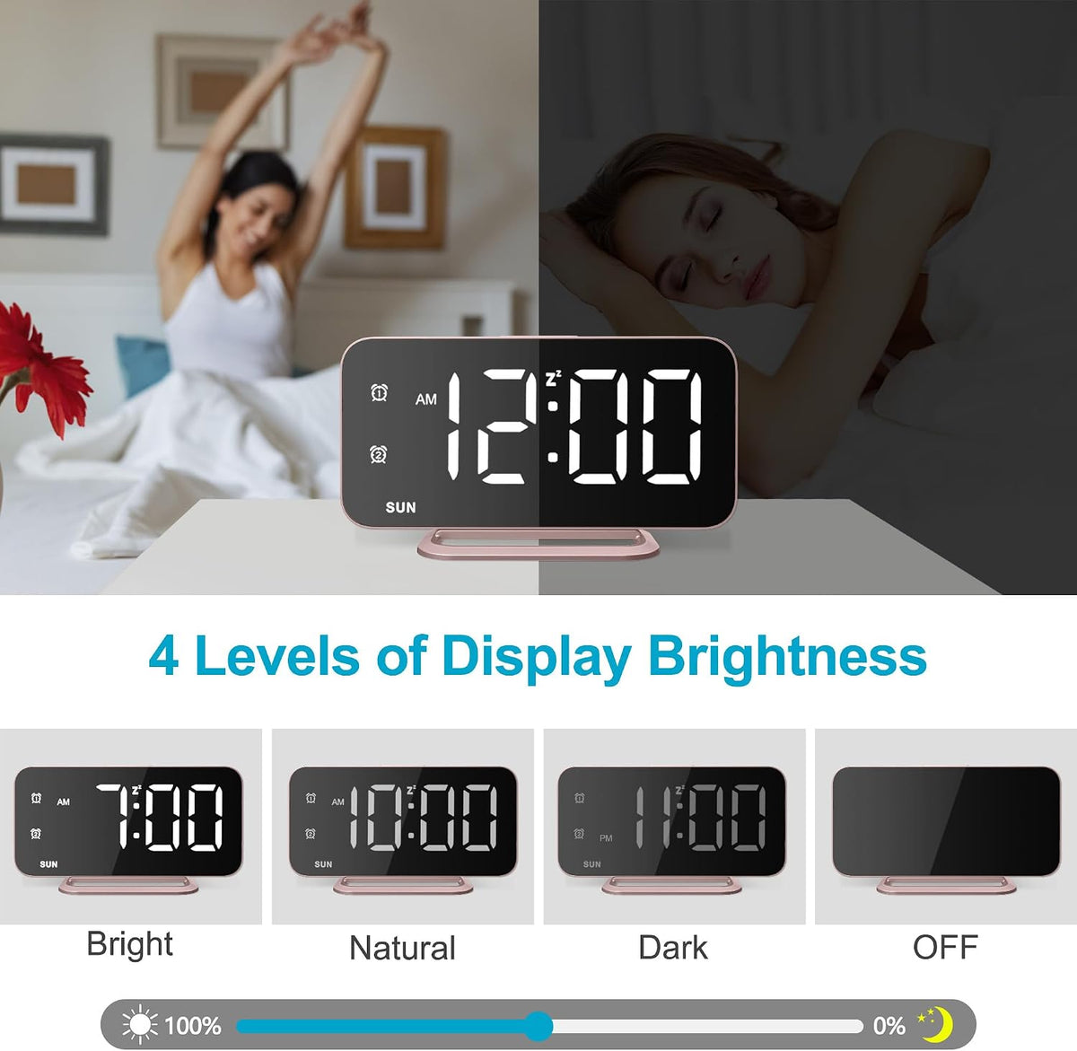Slim LED Digital Alarm Clock, Mirror Surface for Makeup, with Diming, Large Display, Easy Setting, USB Ports, Modern Decor for Bedroom, Desk, Christmas, Birthday Idea Gift for Women, Sister, Mom, Pink