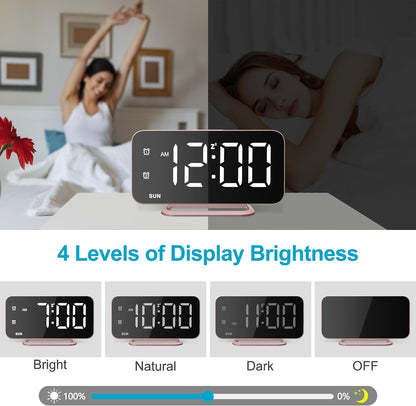 Slim LED Digital Alarm Clock, Mirror Surface for Makeup, with Diming, Large Display, Easy Setting, USB Ports, Modern Decor for Bedroom, Desk, Christmas, Birthday Idea Gift for Women, Sister, Mom, Pink