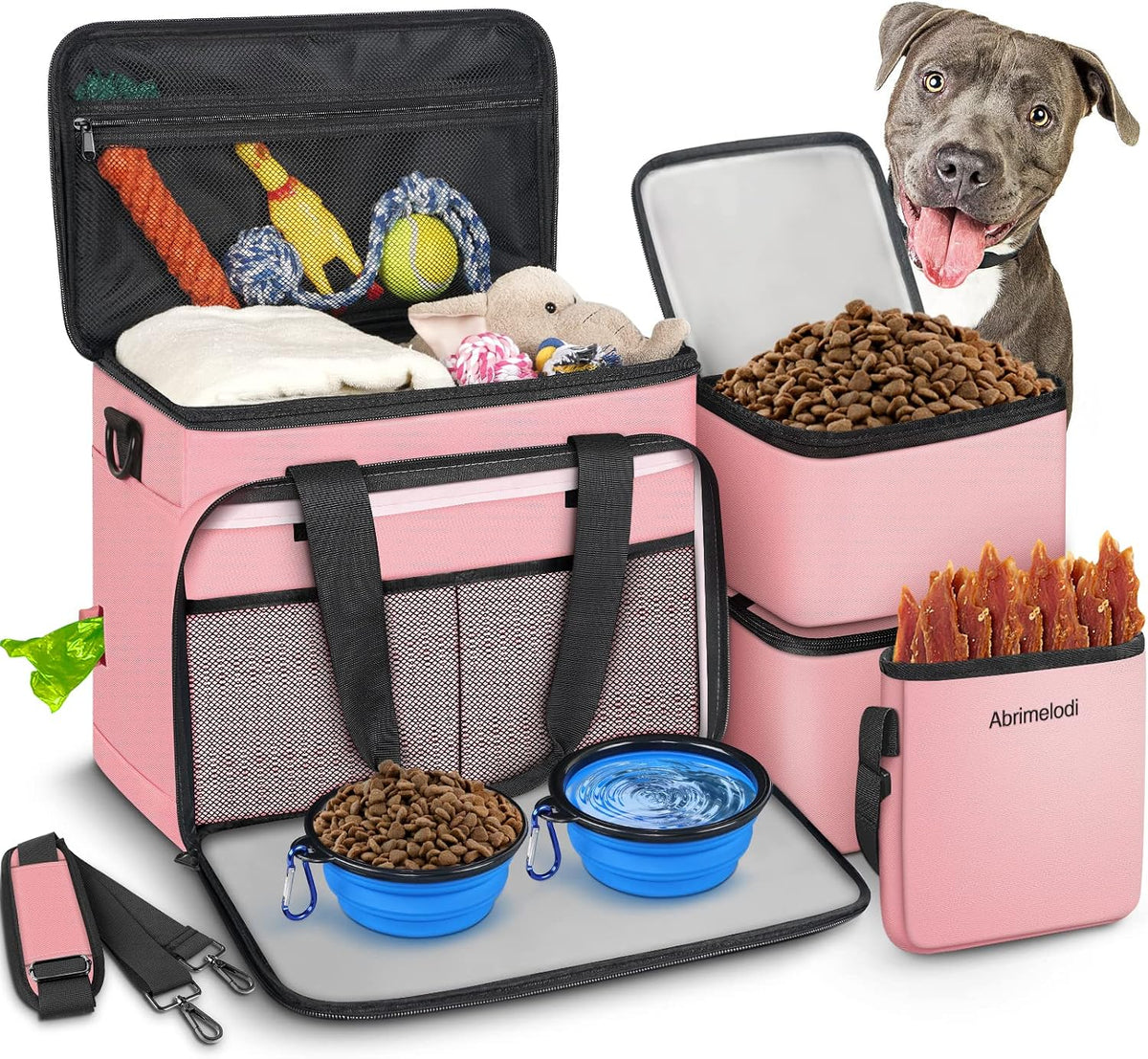 6 Set Dog Travel Bag, Large Pet Travel Kit for Supplies, Pink