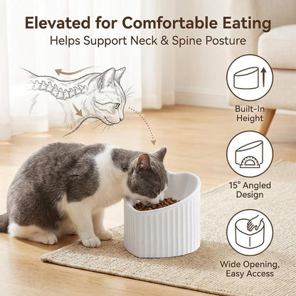 Pink Ceramic Raised Cat Bowls, Tilted Elevated Food or Water Bowls, Stress Free, Backflow Prevention, Dishwasher and Microwave Safe, Lead & Cadmium Free