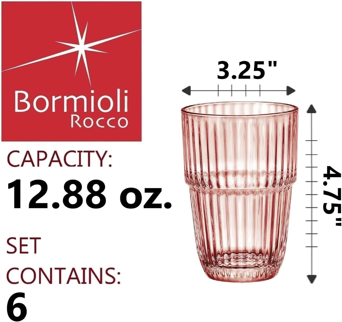 Barshine 12.88 oz. Long Drink Stackable Tempered Drinking Glasses, Set of 6, Peach