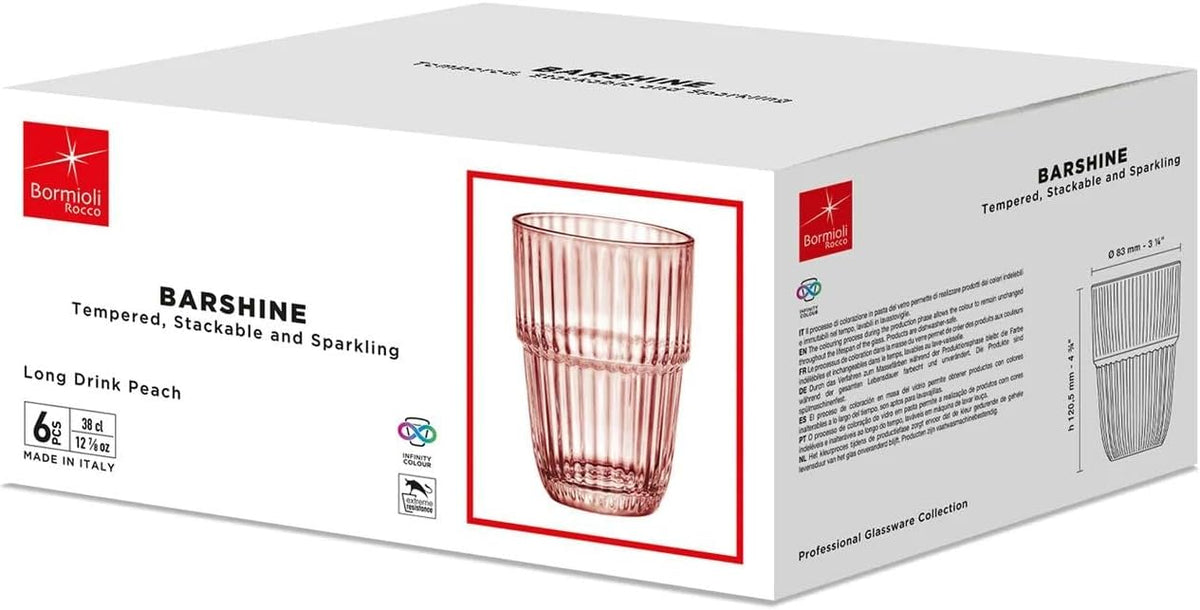 Barshine 12.88 oz. Long Drink Stackable Tempered Drinking Glasses, Set of 6, Peach
