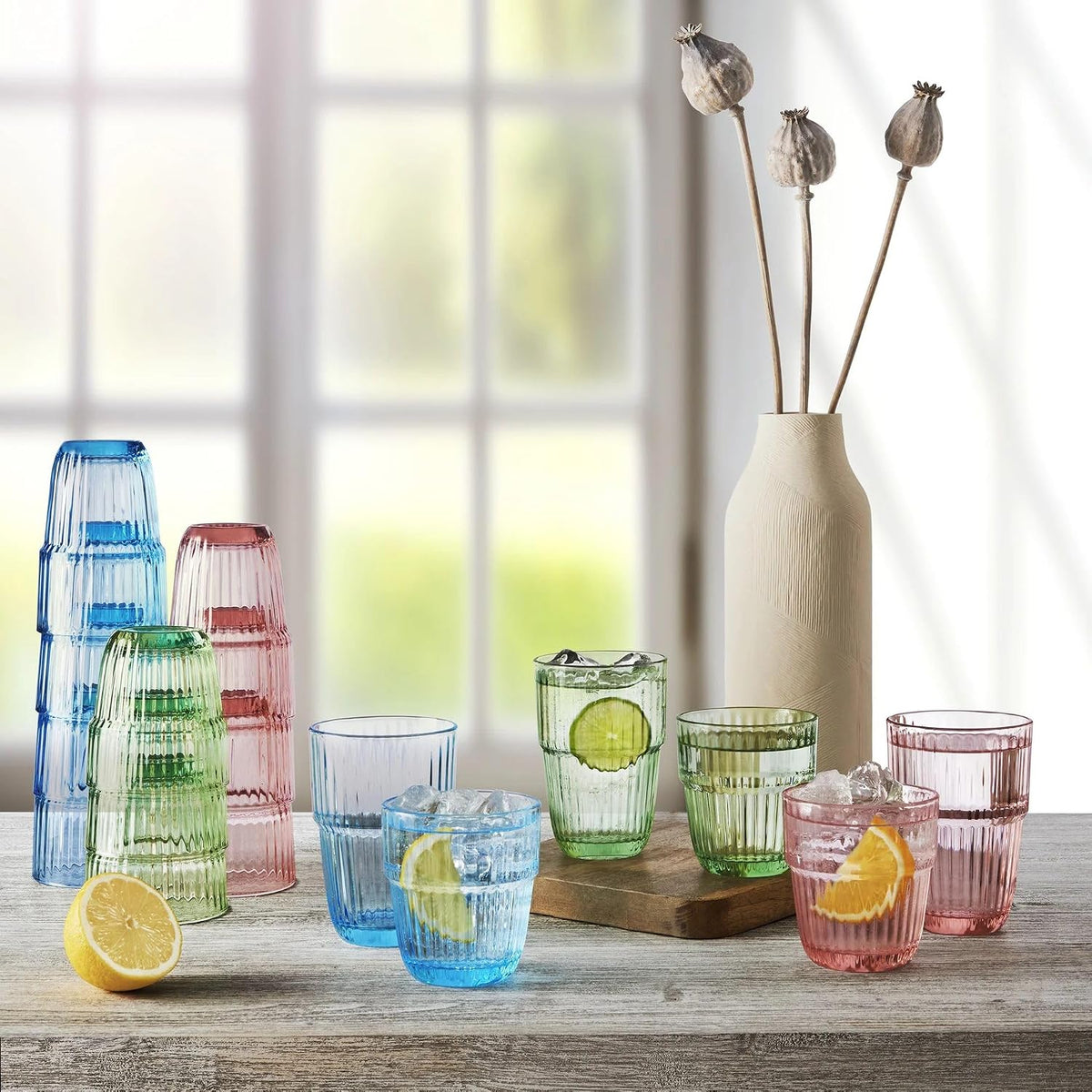 Barshine 12.88 oz. Long Drink Stackable Tempered Drinking Glasses, Set of 6, Peach