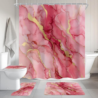 Pink Gold Marble Abstract Modern 4Pcs Bathroom Shower Curtain Set with Rugs