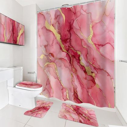 Pink Gold Marble Abstract Modern 4Pcs Bathroom Shower Curtain Set with Rugs