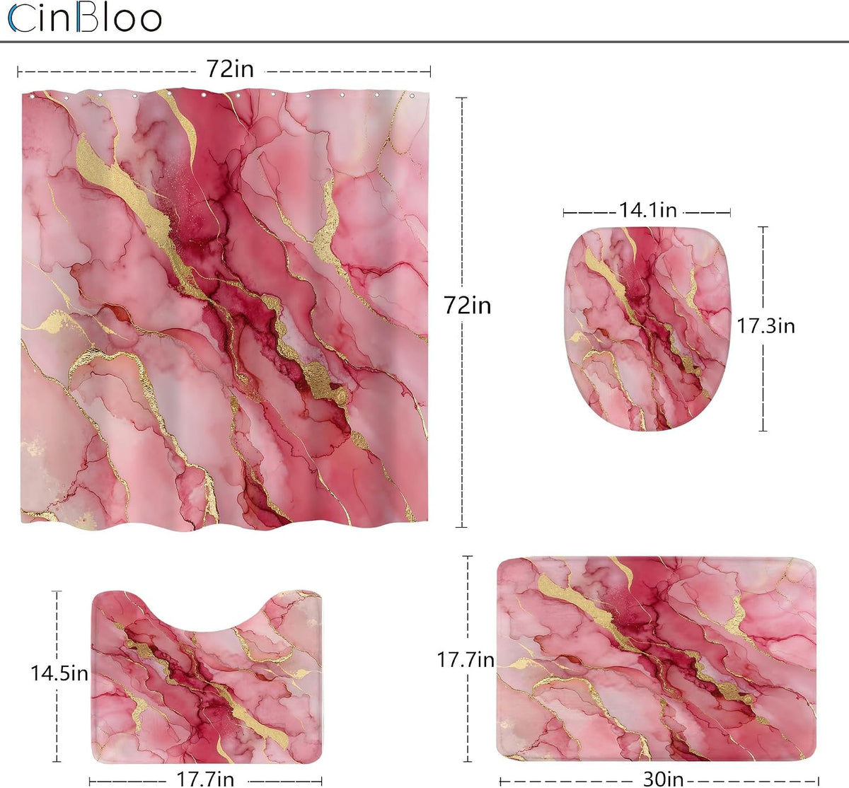 Pink Gold Marble Abstract Modern 4Pcs Bathroom Shower Curtain Set with Rugs