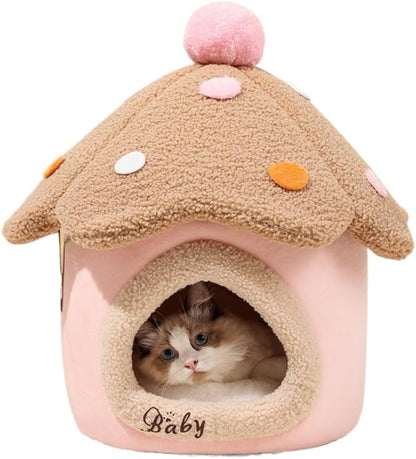 Mushroom Cat Cave Bed for Indoor Cats - Soft Warm Enclosed Pet Hideout with Removable Cushion & Hanging Fluffy Ball Fits Kittens Puppies(Pink,18.9''X21.65''X18.9'')
