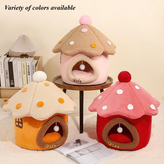 Mushroom Cat Cave Bed for Indoor Cats - Soft Warm Enclosed Pet Hideout with Removable Cushion & Hanging Fluffy Ball Fits Kittens Puppies(Pink,18.9''X21.65''X18.9'')