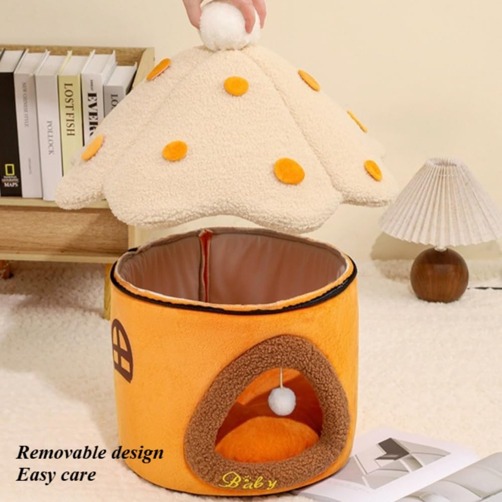 Mushroom Cat Cave Bed for Indoor Cats - Soft Warm Enclosed Pet Hideout with Removable Cushion & Hanging Fluffy Ball Fits Kittens Puppies(Pink,18.9''X21.65''X18.9'')