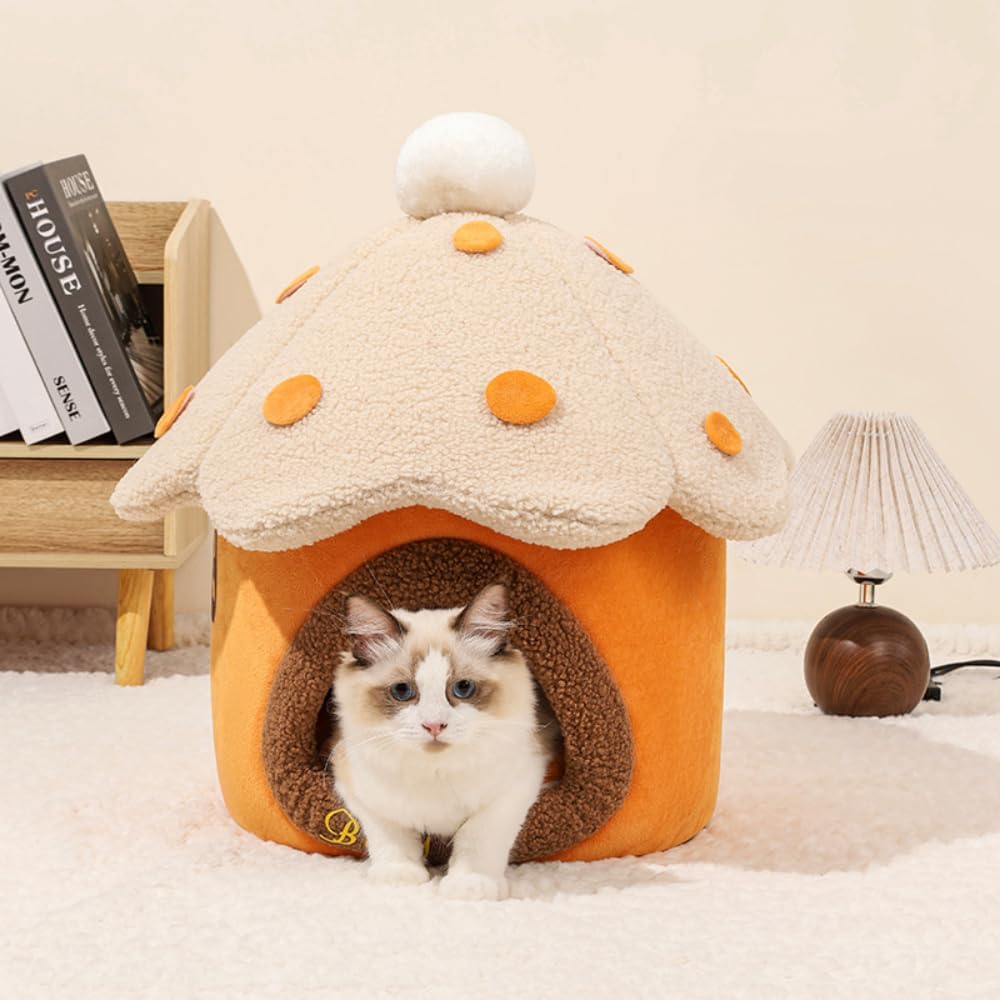 Mushroom Cat Cave Bed for Indoor Cats - Soft Warm Enclosed Pet Hideout with Removable Cushion & Hanging Fluffy Ball Fits Kittens Puppies(Pink,18.9''X21.65''X18.9'')