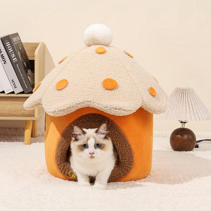 Mushroom Cat Cave Bed for Indoor Cats - Soft Warm Enclosed Pet Hideout with Removable Cushion & Hanging Fluffy Ball Fits Kittens Puppies(Pink,18.9''X21.65''X18.9'')