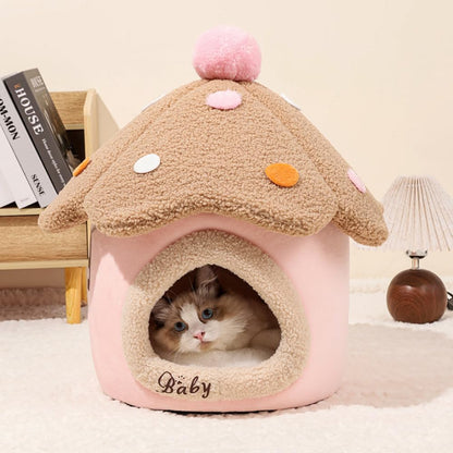 Mushroom Cat Cave Bed for Indoor Cats - Soft Warm Enclosed Pet Hideout with Removable Cushion & Hanging Fluffy Ball Fits Kittens Puppies(Pink,18.9''X21.65''X18.9'')