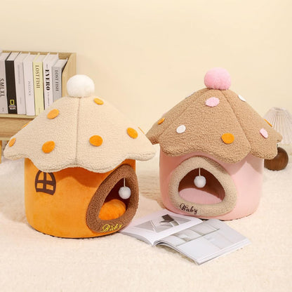 Mushroom Cat Cave Bed for Indoor Cats - Soft Warm Enclosed Pet Hideout with Removable Cushion & Hanging Fluffy Ball Fits Kittens Puppies(Pink,18.9''X21.65''X18.9'')