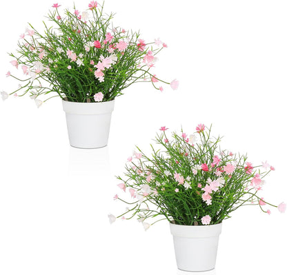Artificial Babys Breath Potted Fake Plants with Flowers Faux Plants Indoor for Home Office Bookshelf Table Room Decor, Pink (Pack of 2)