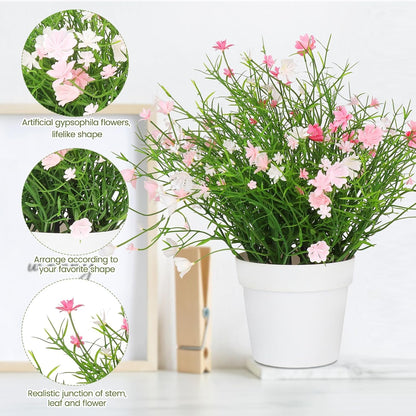 Artificial Babys Breath Potted Fake Plants with Flowers Faux Plants Indoor for Home Office Bookshelf Table Room Decor, Pink (Pack of 2)