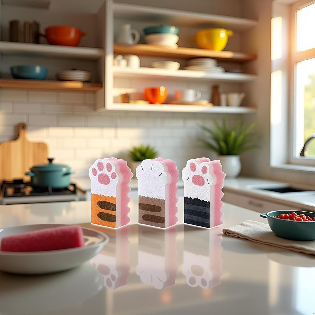 3Pcs Pink Random Style Cat Claw Design Kitchen Cleaning Sponges,Cute Household Cleaning Tool,Claw Design Non-Scratch Dishwashing Scrub Sponge Kitchen Cleaning Tool,Household Supplies