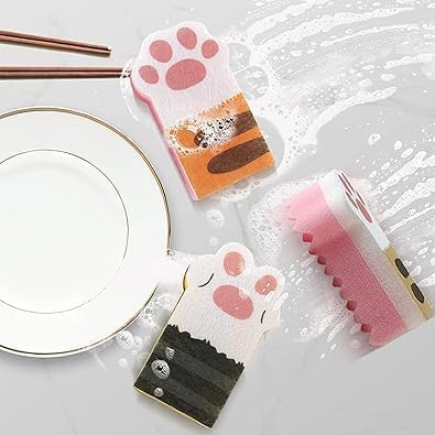 3Pcs Pink Random Style Cat Claw Design Kitchen Cleaning Sponges,Cute Household Cleaning Tool,Claw Design Non-Scratch Dishwashing Scrub Sponge Kitchen Cleaning Tool,Household Supplies