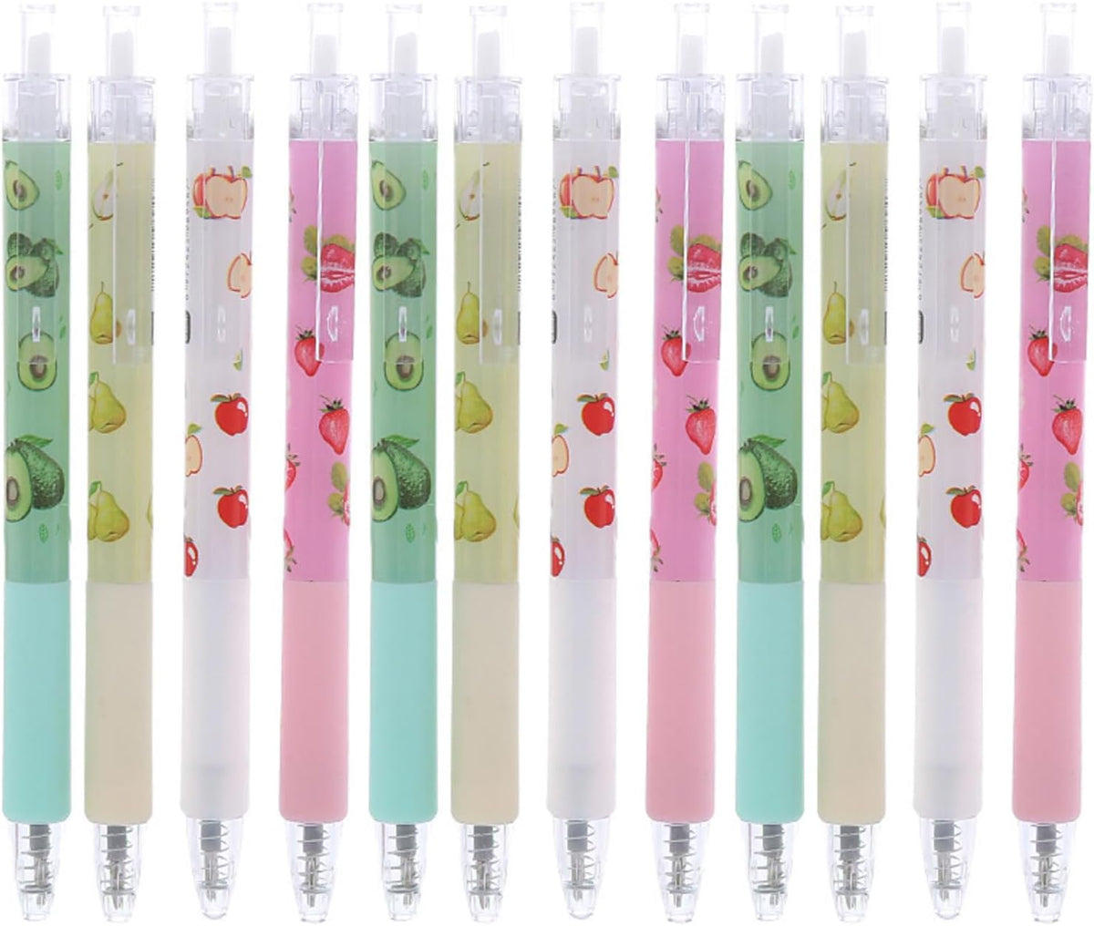 12PCS Fruit-Themed Gel Pens, Cute Retractable Writing Pens Featuring Strawberry, Cherry, Peach, Apple, Avocado, and Pear Designs, 0.5mm Black Ink Rollerball Pens for Students