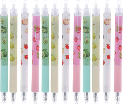 12PCS Fruit-Themed Gel Pens, Cute Retractable Writing Pens Featuring Strawberry, Cherry, Peach, Apple, Avocado, and Pear Designs, 0.5mm Black Ink Rollerball Pens for Students