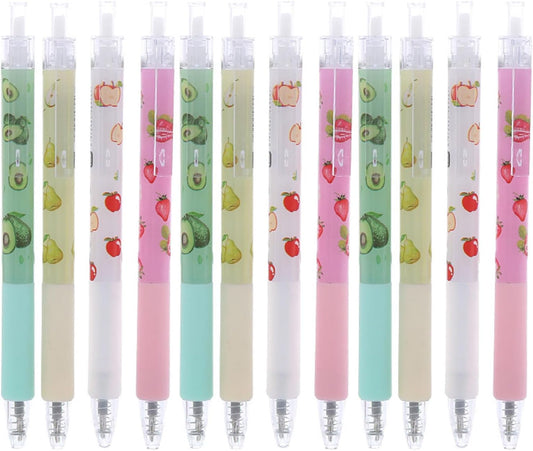 12PCS Fruit-Themed Gel Pens, Cute Retractable Writing Pens Featuring Strawberry, Cherry, Peach, Apple, Avocado, and Pear Designs, 0.5mm Black Ink Rollerball Pens for Students