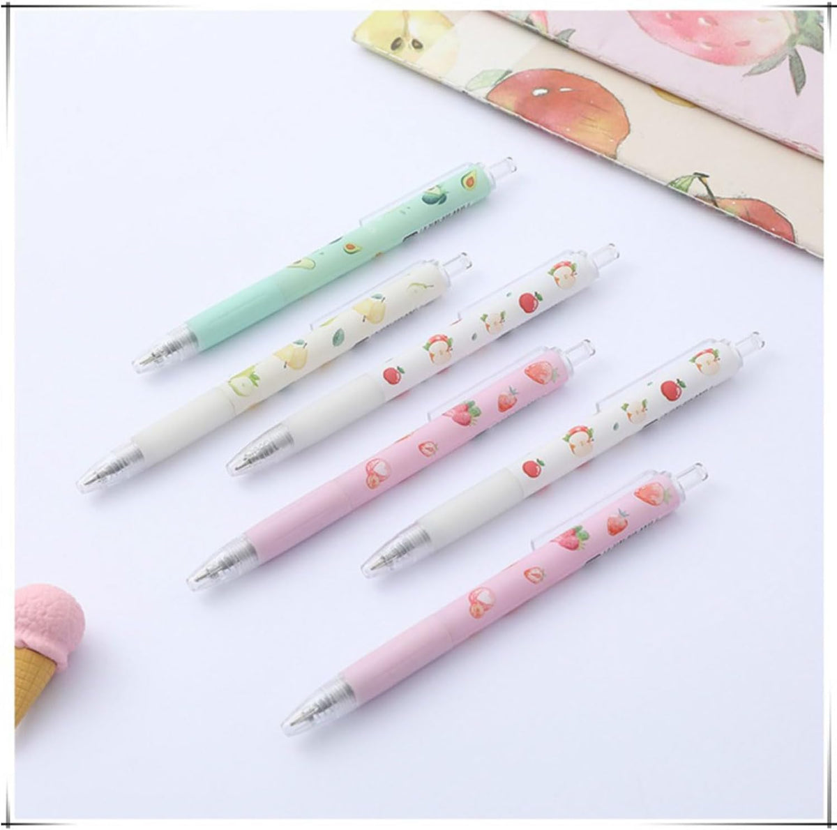 12PCS Fruit-Themed Gel Pens, Cute Retractable Writing Pens Featuring Strawberry, Cherry, Peach, Apple, Avocado, and Pear Designs, 0.5mm Black Ink Rollerball Pens for Students