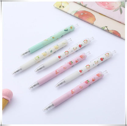 12PCS Fruit-Themed Gel Pens, Cute Retractable Writing Pens Featuring Strawberry, Cherry, Peach, Apple, Avocado, and Pear Designs, 0.5mm Black Ink Rollerball Pens for Students
