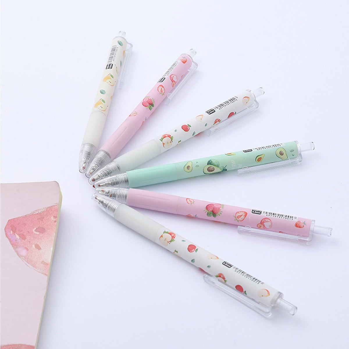 12PCS Fruit-Themed Gel Pens, Cute Retractable Writing Pens Featuring Strawberry, Cherry, Peach, Apple, Avocado, and Pear Designs, 0.5mm Black Ink Rollerball Pens for Students
