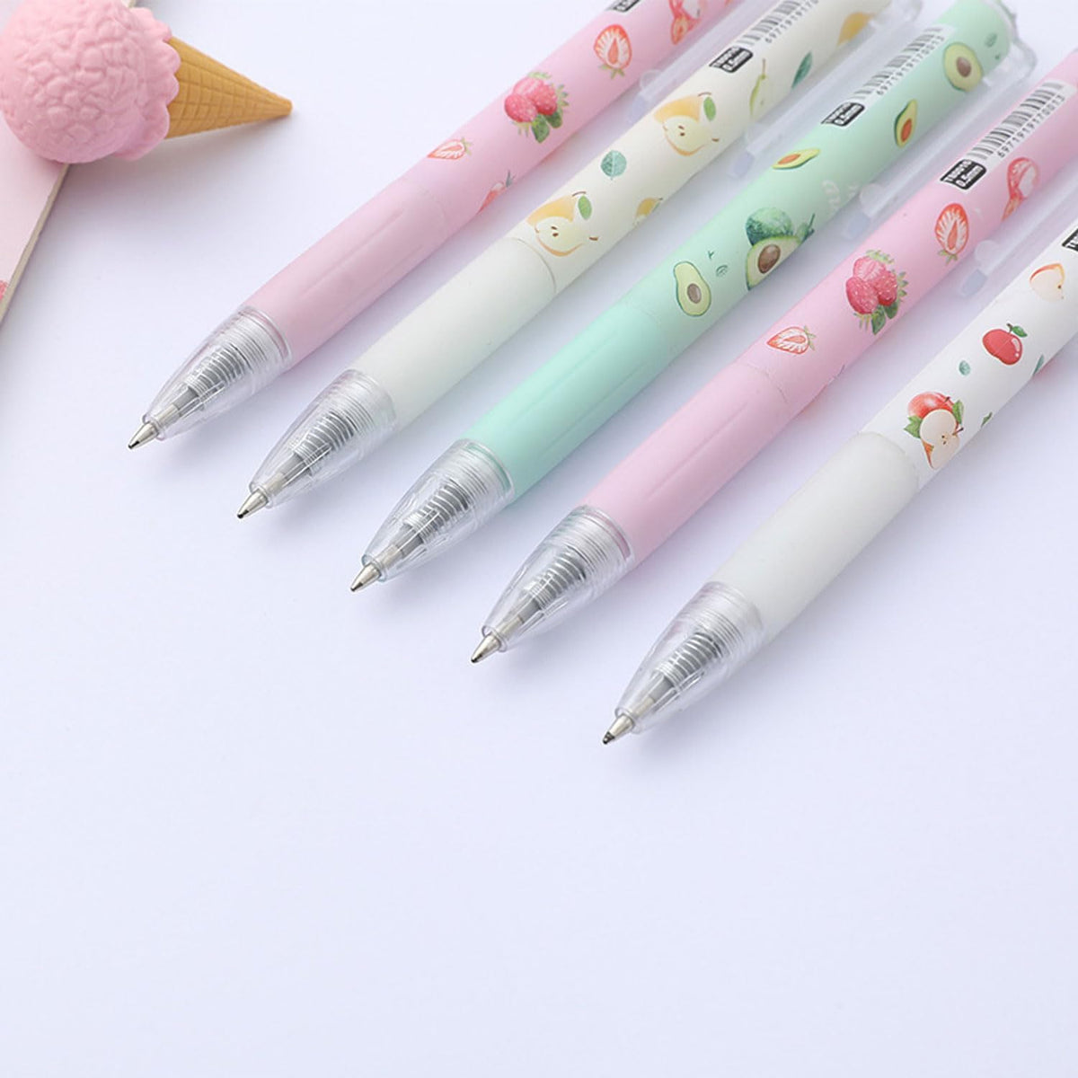 12PCS Fruit-Themed Gel Pens, Cute Retractable Writing Pens Featuring Strawberry, Cherry, Peach, Apple, Avocado, and Pear Designs, 0.5mm Black Ink Rollerball Pens for Students