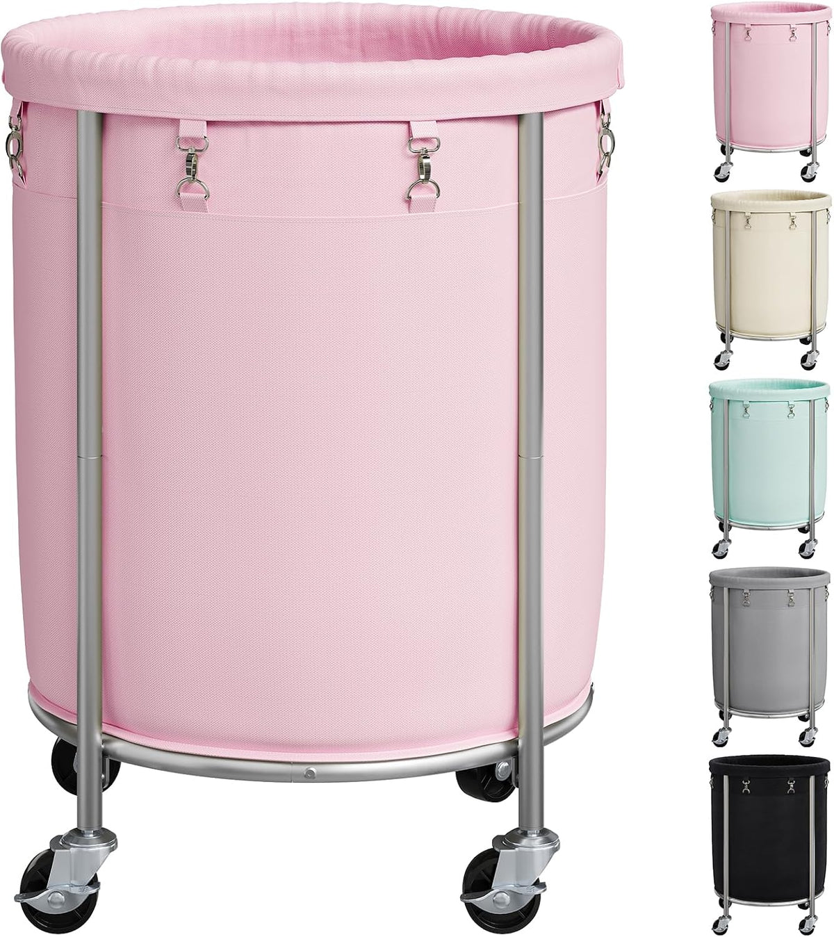Laundry Basket with Wheels, Round Rolling Laundry Hamper, Pink