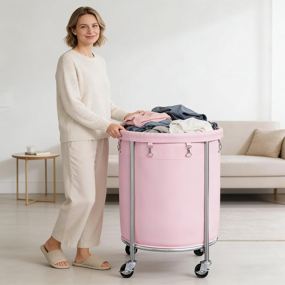 Laundry Basket with Wheels, Round Rolling Laundry Hamper, Pink