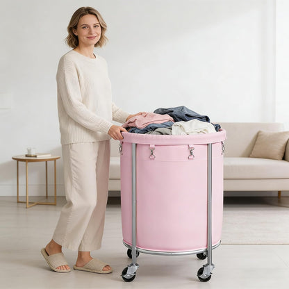 Laundry Basket with Wheels, Round Rolling Laundry Hamper, Pink
