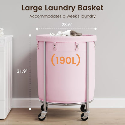 Laundry Basket with Wheels, Round Rolling Laundry Hamper, Pink